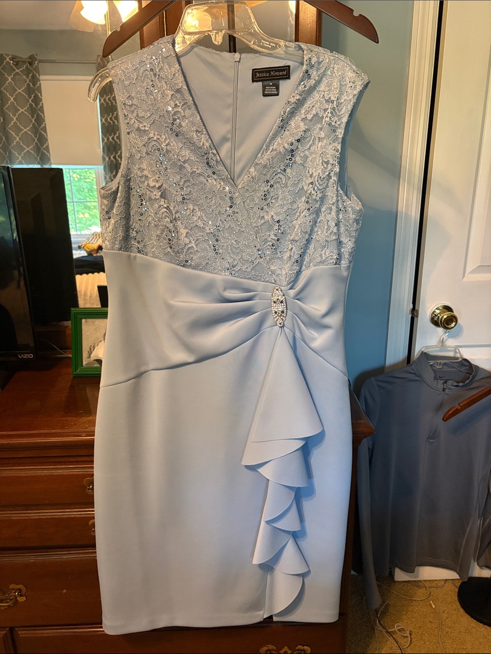 Jessica Howard Light Blue Lace-Top Midi Dress with Ruffle Accent
